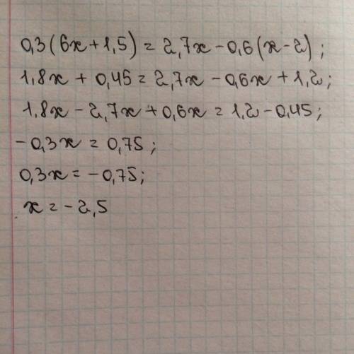 Решите уравнение 0,3(6х+1,5) = 2,7х - 0,6 (х-2)