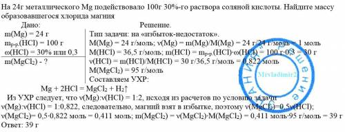 На 24г металлического mg подействовало 100г 30%-го раствора соляной кислоты. найдите массу образовав