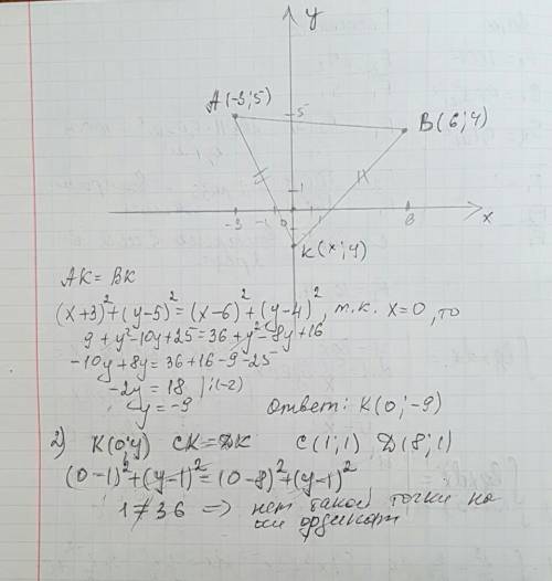 Найди на оси ординат точку, равноудаленную от точек 1) а(-3; 5) и в (6; 4) 2) с (1; 1) д(8; 1)