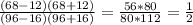 \frac{(68-12)(68+12)}{(96-16)(96+16)}= \frac{56*80}{80*112} = \frac{1}{2}