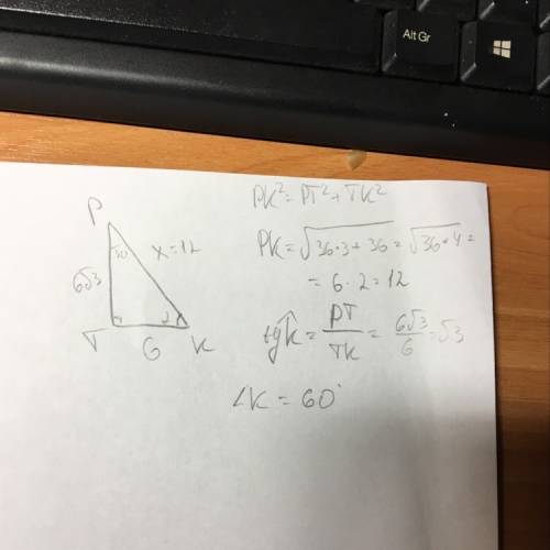 Дано треугольник ptk угол t=90 градусов pt=6 квадрат из 3 kt=6см. найти угол к, pk