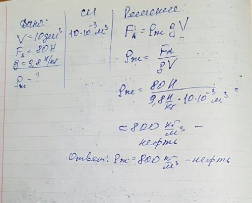 2. на тело объемом 10 дм3 при полном погружении в жидкость действует выталкивающая сила 80 н. какая