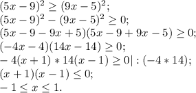 (5x-9)^{2} \geq (9x-5)^{2};\\ (5x-9)^{2} - (9x-5)^{2}\geq 0;\\(5x-9-9x+5)(5x-9+9x-5)\geq 0;\\(-4x-4)(14x-14)\geq 0;\\-4(x+1)*14(x-1)\geq 0|:(-4*14);\\(x+1)(x-1)\leq 0;\\-1\leq x\leq 1.