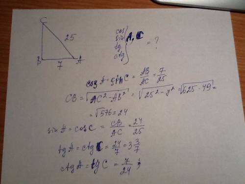 Прямоугольный треугольник abc с прямым b, ac=25 см,ab=7см a и c острые . найти: все функции острых у