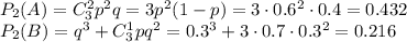 P_2(A)=C^2_3p^2q=3p^2(1-p)=3\cdot0.6^2\cdot0.4=0.432\\ P_2(B)=q^3+C^1_3pq^2=0.3^3+3\cdot0.7\cdot0.3^2=0.216
