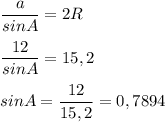 \dfrac{a}{sinA}=2R \\ \\ \dfrac{12}{sinA}=15,2 \\ \\ sinA= \dfrac{12}{15,2}=0,7894