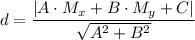 d=\dfrac{|A\cdot M_x+B\cdot M_y+C|}{\sqrt{A^2+B^2}}