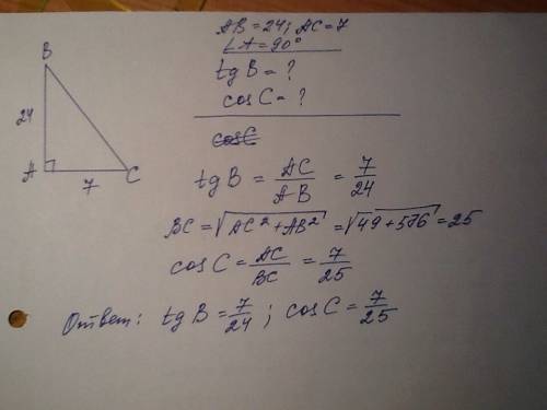 Впрямоугольном треугольнике abc угол a=90°,ab=24см,ac=7см.найдите tg b и cos c.