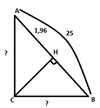 Гипотенуза прямоугольного треугольника равна 25см,а проекция одного катета на гипотенузу равна 1,96с
