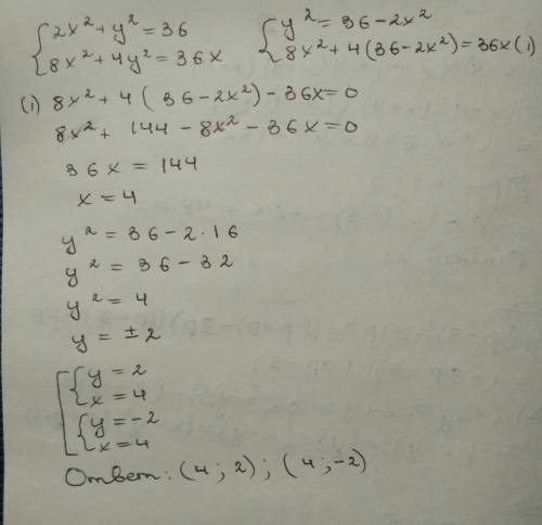 Решите систему уравнений {2x²+y²=36 {8x²+4y²=36x