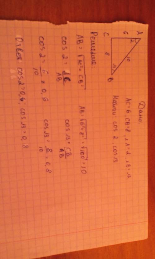 Втреугольнике авс угол с=90 градусов, угол а=альфа, угол в= бета, вс=8 см, ас=6 см. найдите косинус