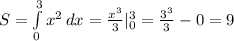 S= \int\limits^3_0 {x^2} \, dx= \frac{x^3}{3}|^3_0= \frac{3^3}{3}-0=9