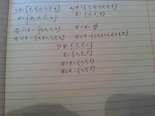 Найти пересечение и объединение множеств q и r: 1. q =  a, b, n, k, l, m  и r =  a, n, l, m  2.