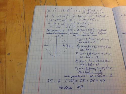 Найдите наибольшее значение выражения (a−c)2+(b−d)2, если a2+b2=9, c2+d2=16