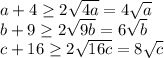 a+4\geq 2\sqrt{4a}=4\sqrt{a}\\ b+9\geq 2\sqrt{9b}=6\sqrt{b}\\ c+16\geq 2\sqrt{16c}=8\sqrt{c}