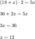 (18+x)\cdot 2=5x\\\\36+2x=5x\\\\3x=36\\\\x=12