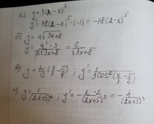 Найдите производную функции: а) у=3(2-х)^6 б)y=4корень из 3х+8 в)у=tg(x\3-п\4) г)y=1\(2x+5)^2