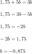 1,75 + 5b = 3b \\ \\&#10;1,75 = 3b - 5b \\ \\&#10;1,75 = -2b \\ \\&#10;-2b = 1,75 \\ \\&#10;b = -0,875