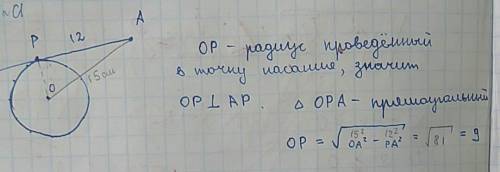 Кокружности с центром o проведена касательная ap, p-точка касания. найдите радиус окружности, если o