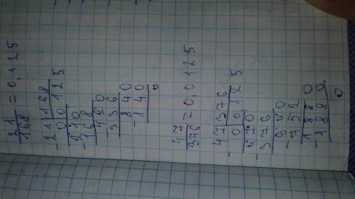 Обратите в десятичные дроби: 9/20,7/40,11/400,21/168,35/280.47/376. с а не просто 9/20 = 0,45