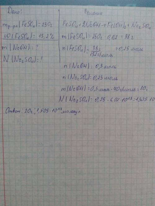 Какая масса гидроксида натрия может вступить в реакцию с 250г 15,2%-ного раствора сульфата железа (i