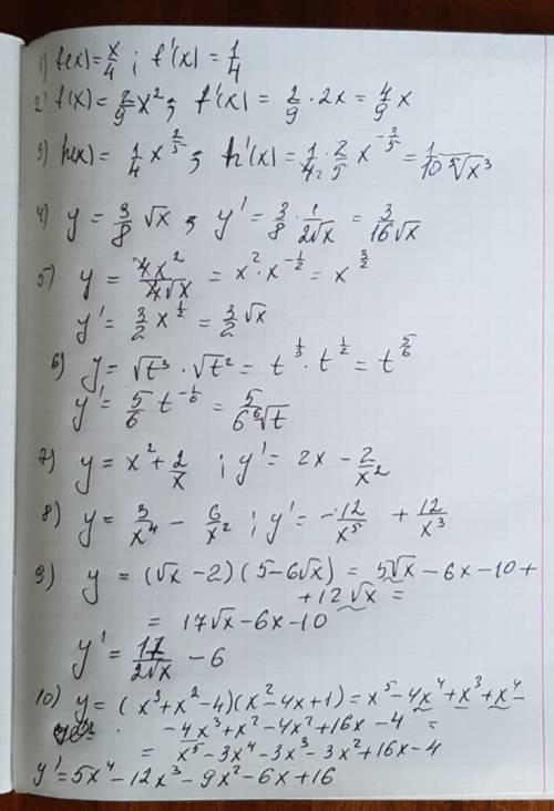 Знайти похідну функції 1. f(x)=x/4 2. f(x)= 2/9x² 3. h(x)= 1/4x^2/5 4. y= 3/^8√x 5. y= 4x²/^4√x 6. y