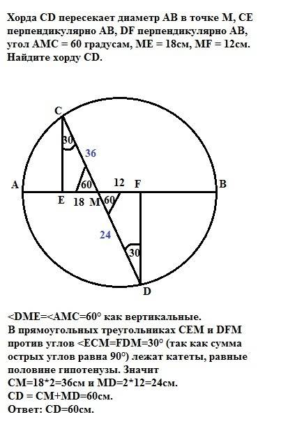 Хорда cd пересекает диаметр ab в точке m, ce перпендикулярно ab, df перпендикулярно ab, угол amc = 6