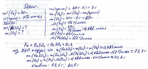 30 граммов технического железа,содержащего 10% примесей,растворили в сульфате меди(2).найдите массу