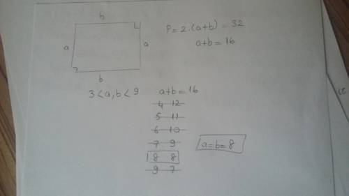 Периметр прямоугольника равен 32 см , одна сторона на промежутке от (3; 9) . найти прямоугольник с н