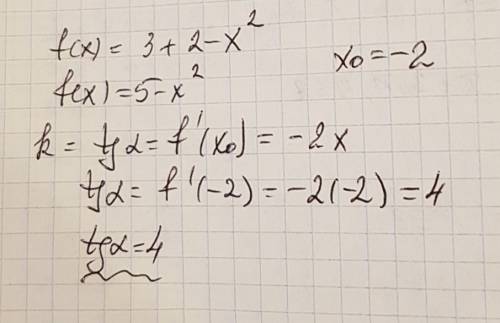 Найдите тангенс угла наклона касательной к графику функции f(x) =3+2-x^2 в точке с асциссой x0=-2