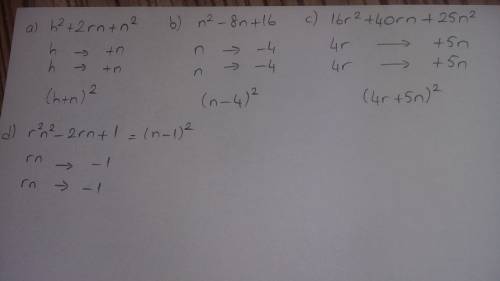 Разложите на множители по формуле. а) h^2+2rn+n^2 б) n^2-8n+16 в) 16r^2+40rn+25n^2 г) r^2n^2-2rn+1