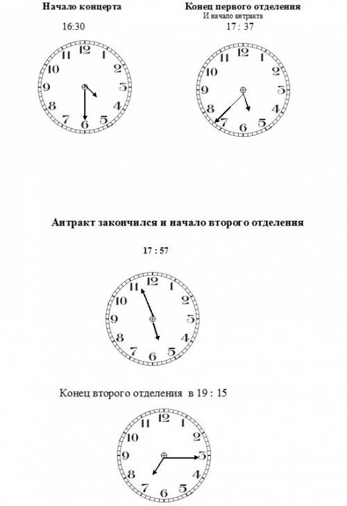 Концерт из двух отделений начался в 16 ч 30 мин. первое отделение концерта длилось 1 ч 7 мин, антрак