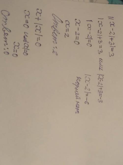 Решите уравнения с модулем, ||x-2|+3|=3 |x|=-3x-5 |x+2|/3=(x+2)/5+x x+|x|=0