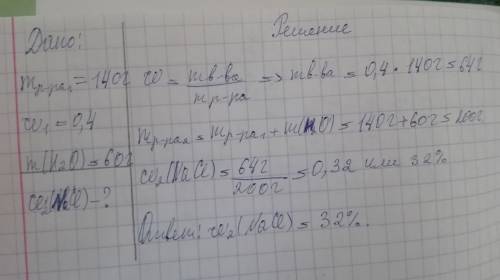 Определить массовую долю поваренной соли в растворе полученном при смешивании 140 г 40 % раствора na