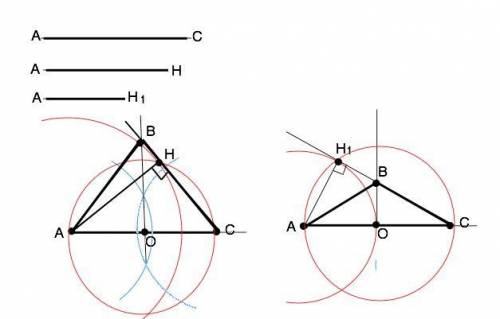 Построить равнобедренный треугольник по основанию и высоте, проведённой из вершины при основании.