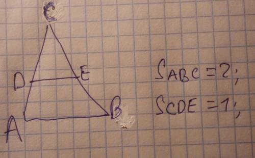 Площадь треугольника авс равна 2.de- средняя линия.найдите sтр.cde