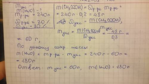 Сколько граммов 80%-й уксусной кислоты и воды нужно взять для приготовления 240 г ее 20% -го раствор