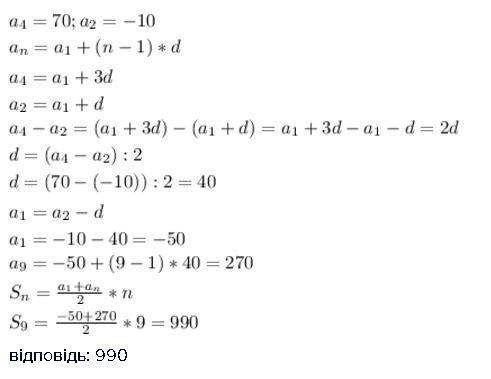 Знайдіть суму перших дев*ять членів арифметичної прогресії (аn), якщо а4=70, а2=-10