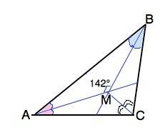 Биссектрисы углов a и b треугольника abc пересекаютсяв точке м,причем угол amb=142^. найдите углы ac