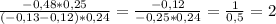 \frac{-0,48*0,25}{(-0,13-0,12)*0,24}=\frac{-0,12}{-0,25*0,24}=\frac{1}{0,5}=2