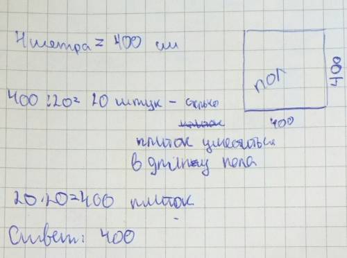 Квадратный пол со стороной 4 метра покрывают квадратной каменной плиткой со стороной 20 см. сколько