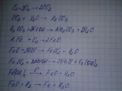 30 за то что вы сделаете! осущесвите превращения: c-co2-h2co3-na2co3-fe-feo-fecl2-fe(oh)2-feo-fe