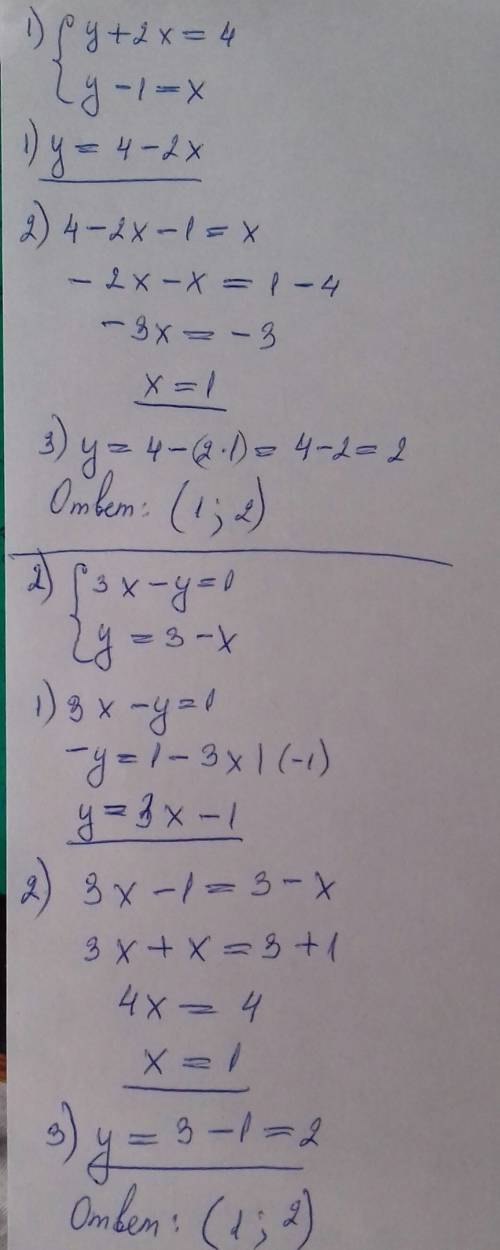 Решить системы: {y+2x=4 {y-1=x 3x-y=1 y= 3-x