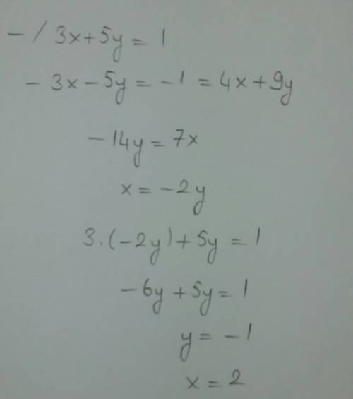 Решите систему уравнений 3x+5y=1 4x+9y=-1