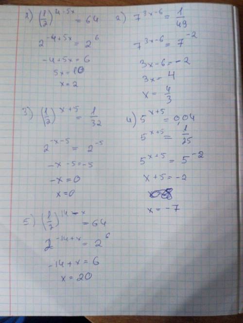 Найти корень уравнения, ! с решением! : ) 1. (1/2)^4-5x=64 2. 7^3x-6=1/49 3. (1/2)^x+5=1/32 4. 5^x+5