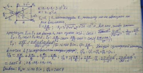 Ввершинах квадрата со стороной a=4см находятся одинаковые положительные заряды q=2нкл. определите на