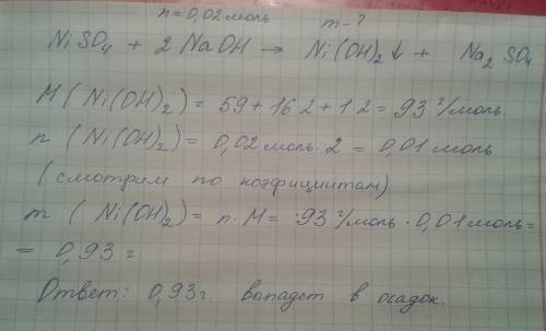 Вычисли, какая масса гидроксида никеля(ii) выпадет в осадок при взаимодействии раствора сульфатанике