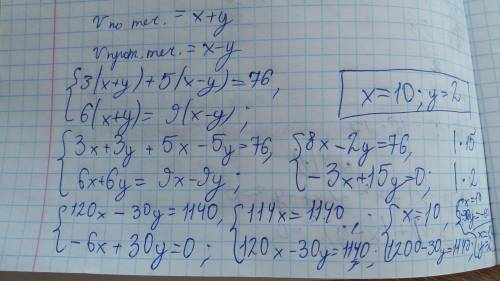 Решите с системы уравнения катер за 3 часа по течению и 5 часа против течения проходит 76 км. найдит