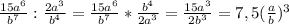 \frac{15a^6}{b^7}:\frac{2a^3}{b^4}=\frac{15a^6}{b^7}*\frac{b^4}{2a^3}=\frac{15a^3}{2b^3}=7,5(\frac{a}{b})^3