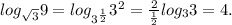log_{ \sqrt{3} }9= log_{3^ \frac{1}{2}}3^2= \frac{2}{ \frac{1}{2}} log_{3}3=4.
